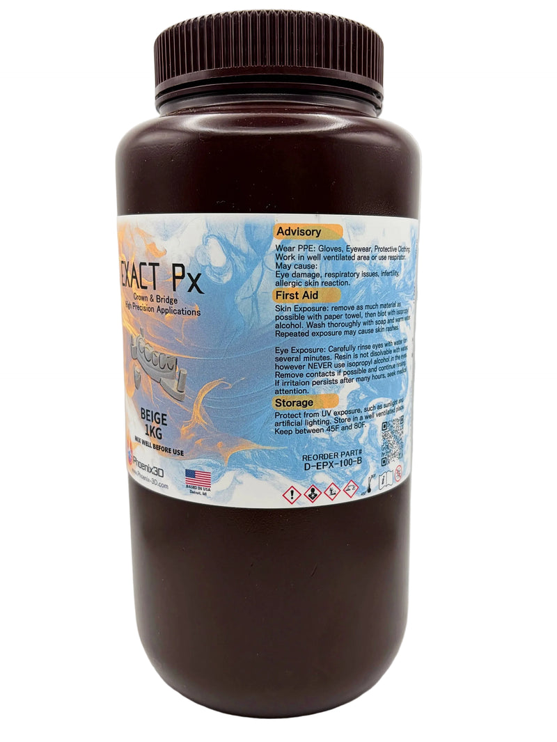 An offset view of Exact Px Beige, featuring a brown 1kg bottle with a ribbed plastic cap and general advisory, first aid and storage requirements.