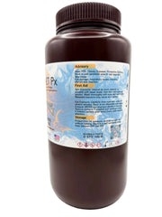 An offset view of Exact Px Beige, featuring a dark brown plastic bottle with a ribbed cap, and advisory, first aid, and storage requirements.