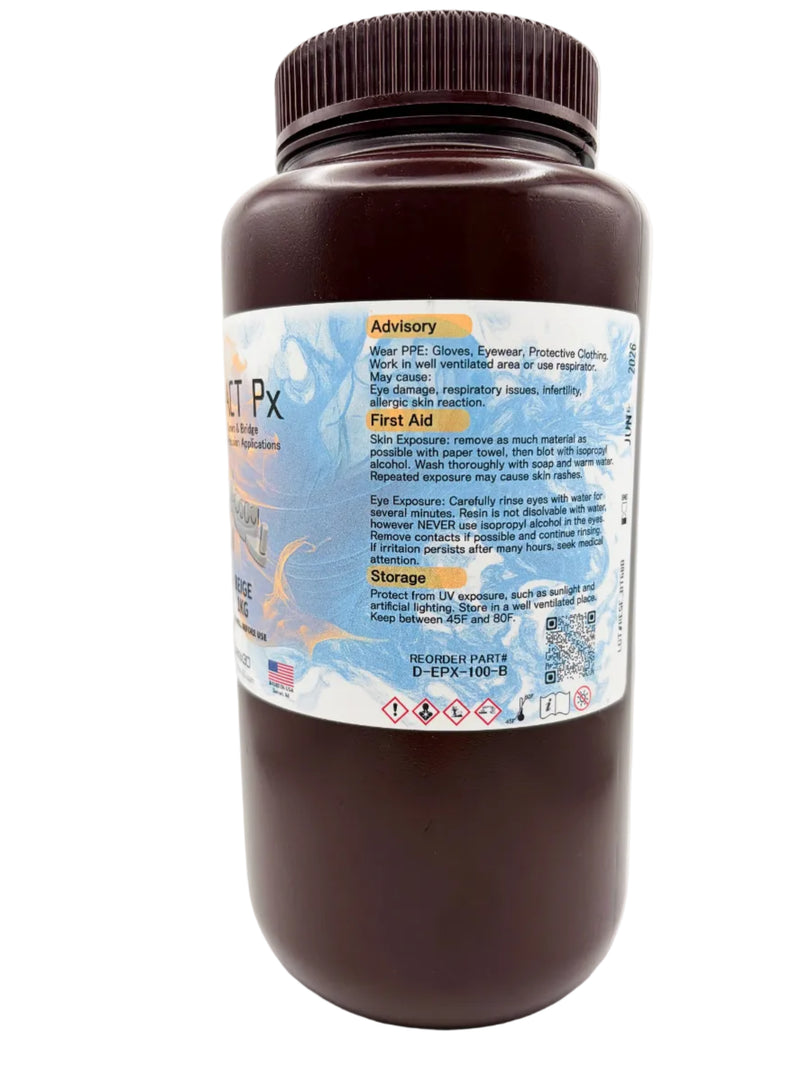 An offset view of Exact Px Beige, featuring a dark brown plastic bottle with a ribbed cap, and advisory, first aid, and storage requirements.