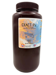A front view of Exact Px Gray, Crown & Bridge High Precision Application 3D Printer resin, featuring a white and blue label with the Phoenix 3D logo, on a white background.
