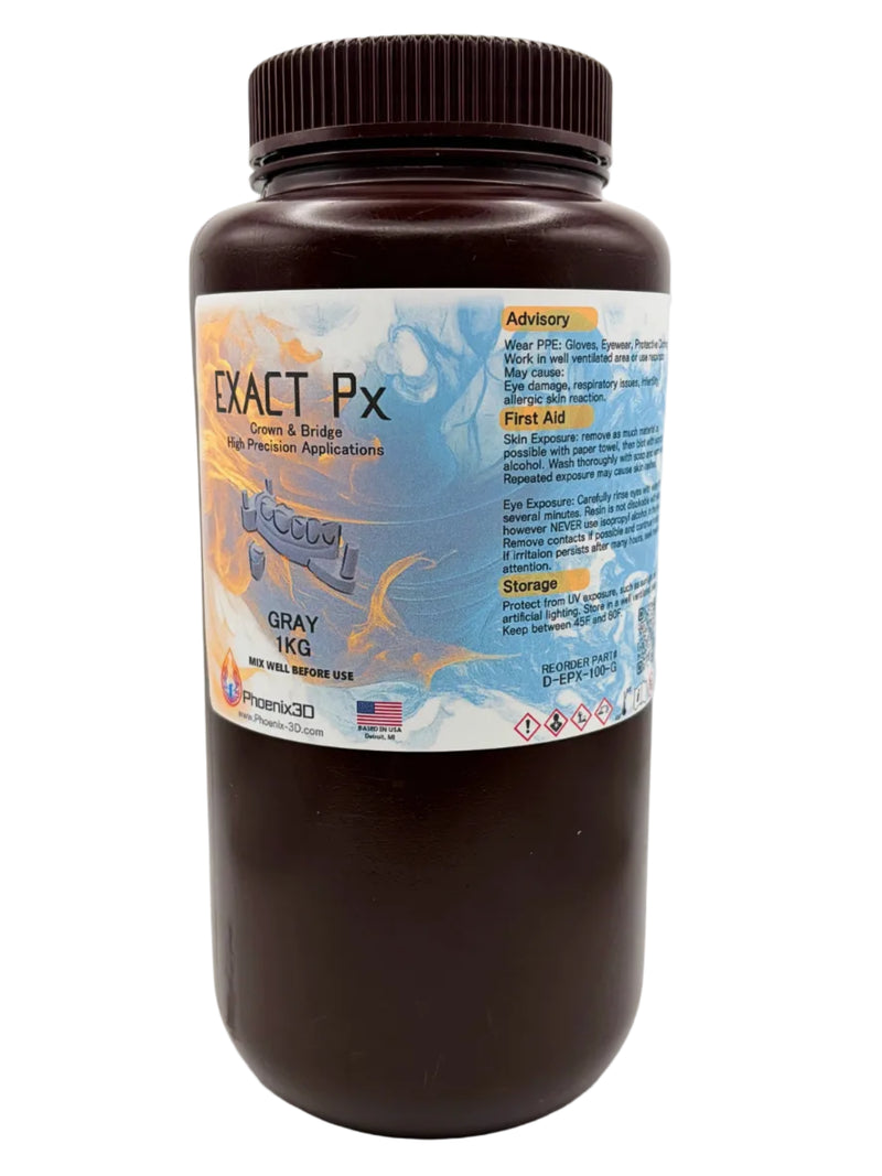An offset view of Exact Px Gray, Crown & Bridge High Precision Application 3D Printer resin, featuring a white and blue label with the Phoenix 3D logo, on a white background. An offset view of advisory, first aid and storage recommendations.