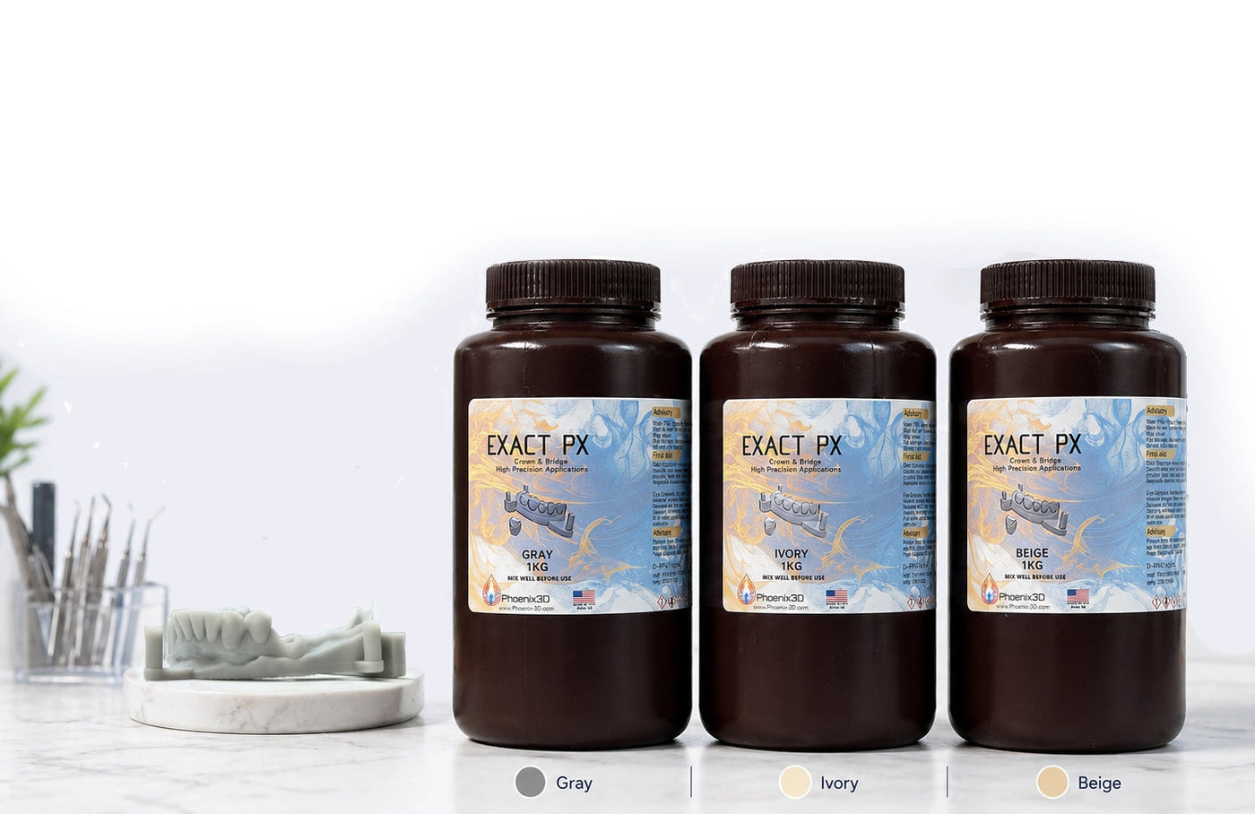 Three bottles of Exact PX with different color options on a white background