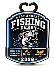 Fishing derby logo with fish illustration on a black background