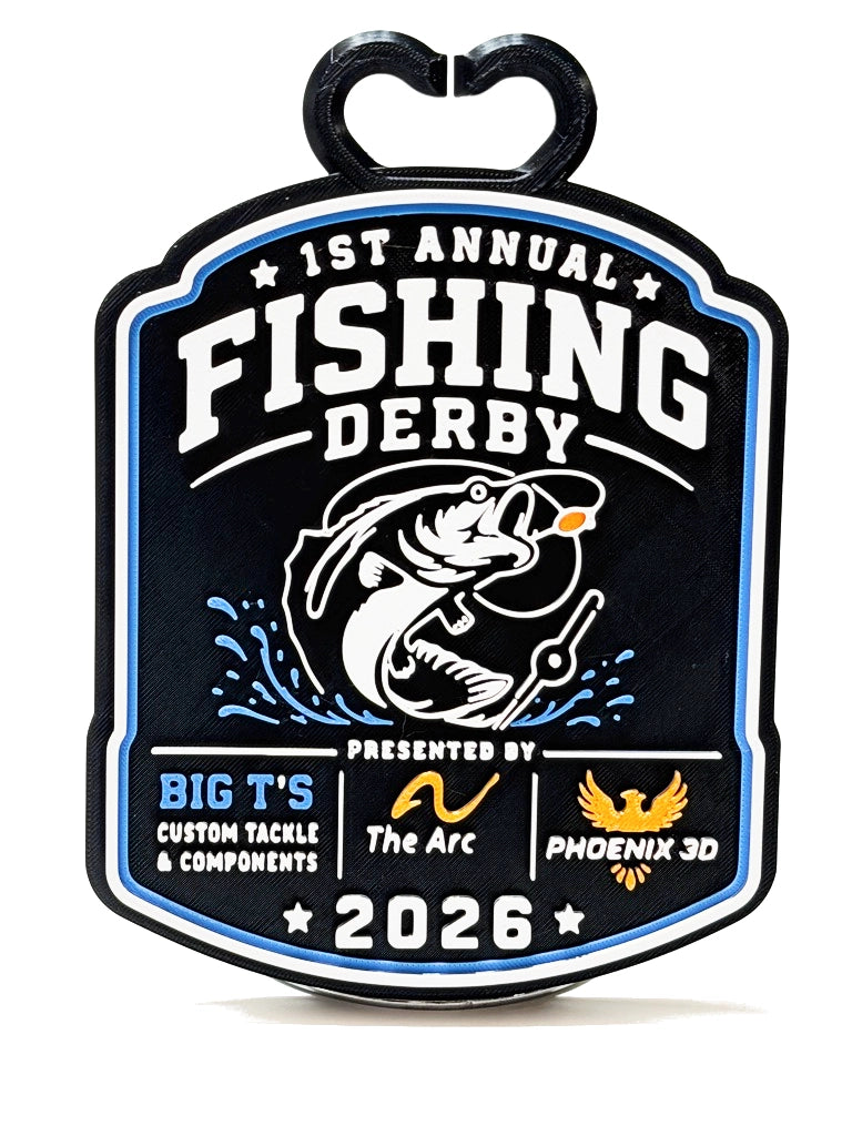 Fishing derby logo with fish illustration on a black background