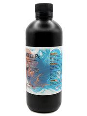 A black plastic bottle of GENMODEL Px Orthodontic & Removable Applications with a white, orange, and blue label, on a white background, with general advisory, first aid, and storage requirements.