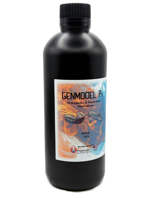 A black plastic bottle of GENMODEL Px Orthodontic & Removable Applications with a white, orange, and blue label, on a white background.