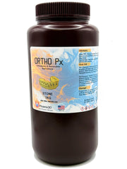 A large dark brown plastic bottle of Phoenix3D Ortho Px Stone 1KG, with text ORTHO Px, Orthodontic & Removable Applications, STONE, 1KG, MIX WELL BEFORE USE. General use advisory, first aid, and storage offset. Sold by Phoenix 3D of Redford, Michigan