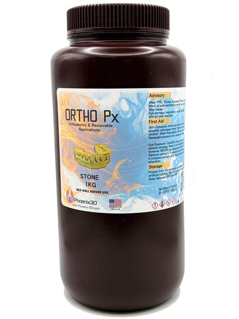 A large dark brown plastic bottle of Phoenix3D Ortho Px Stone 1KG, with text ORTHO Px, Orthodontic & Removable Applications, STONE, 1KG, MIX WELL BEFORE USE. General use advisory, first aid, and storage offset. Sold by Phoenix 3D of Redford, Michigan
