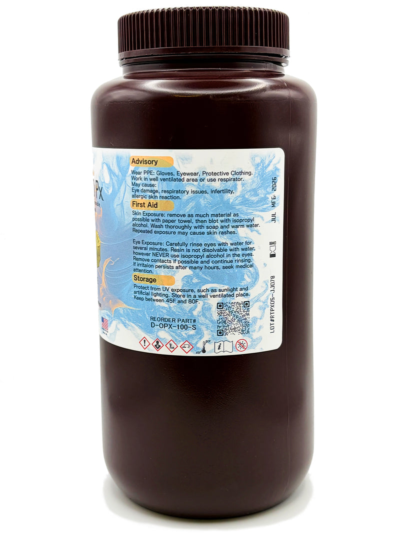 A large dark brown plastic bottle of Phoenix3D Ortho Px Stone 1KG, with general use advisory, first aid, and storage offset. Sold by Phoenix 3D of Redford, Michigan