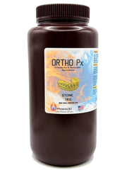 A large dark brown plastic bottle of Phoenix3D Ortho Px Stone 1KG, with text ORTHO Px, Orthodontic & Removable Applications, STONE, 1KG, MIX WELL BEFORE USE. Sold by Phoenix 3D of Redford, Michigan.