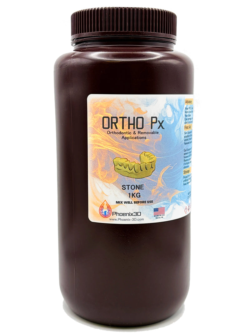 A large dark brown plastic bottle of Phoenix3D Ortho Px Stone 1KG, with text ORTHO Px, Orthodontic & Removable Applications, STONE, 1KG, MIX WELL BEFORE USE. Sold by Phoenix 3D of Redford, Michigan.