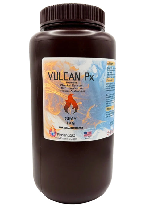 A dark brown plastic bottle of Vulcan Px Gray 1KG Premium Vulcanizing 3D printing resin, with claims of chemical resistant, high temperature, precision applications, featuring a white, blue, and orange label, set against a plain white background.