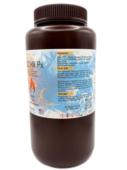 A dark brown bottle with a label offset for Vulcan Px and a general advisory, first aid and storage usage requirements.
