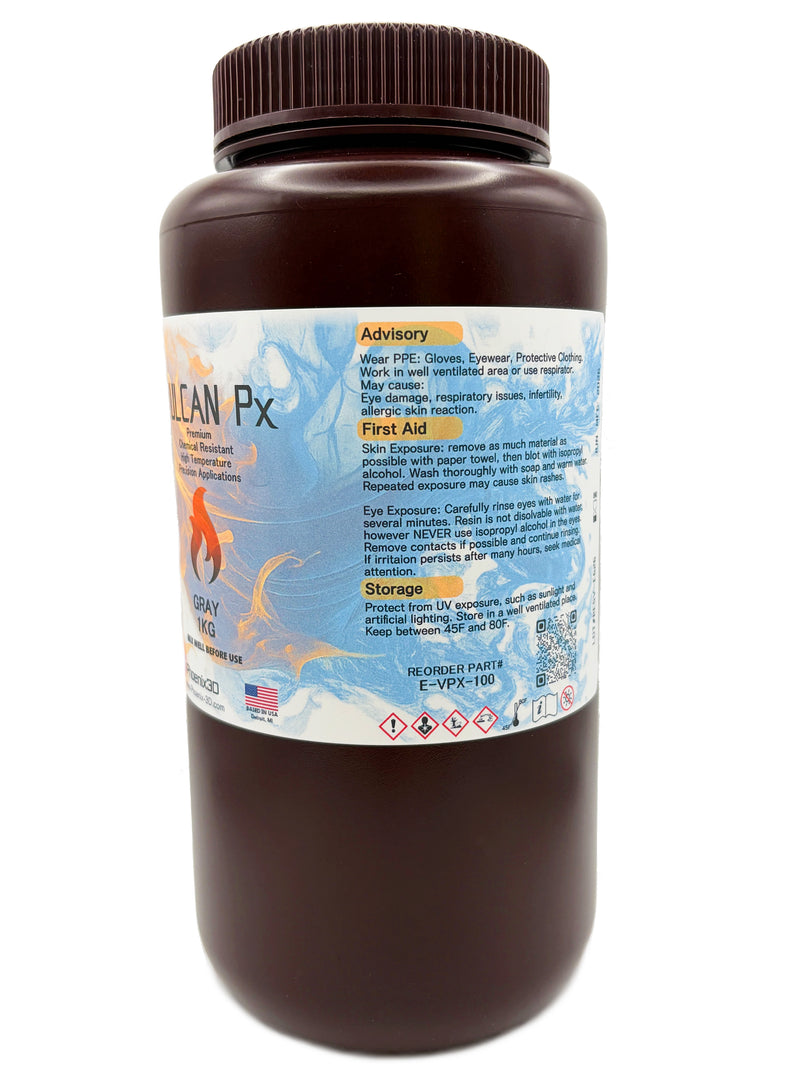 A dark brown bottle with a label offset for Vulcan Px and a general advisory, first aid and storage usage requirements.