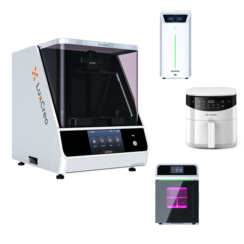 Collection of LuxCreo laboratory equipment including a 3D printer and other devices on a white background.